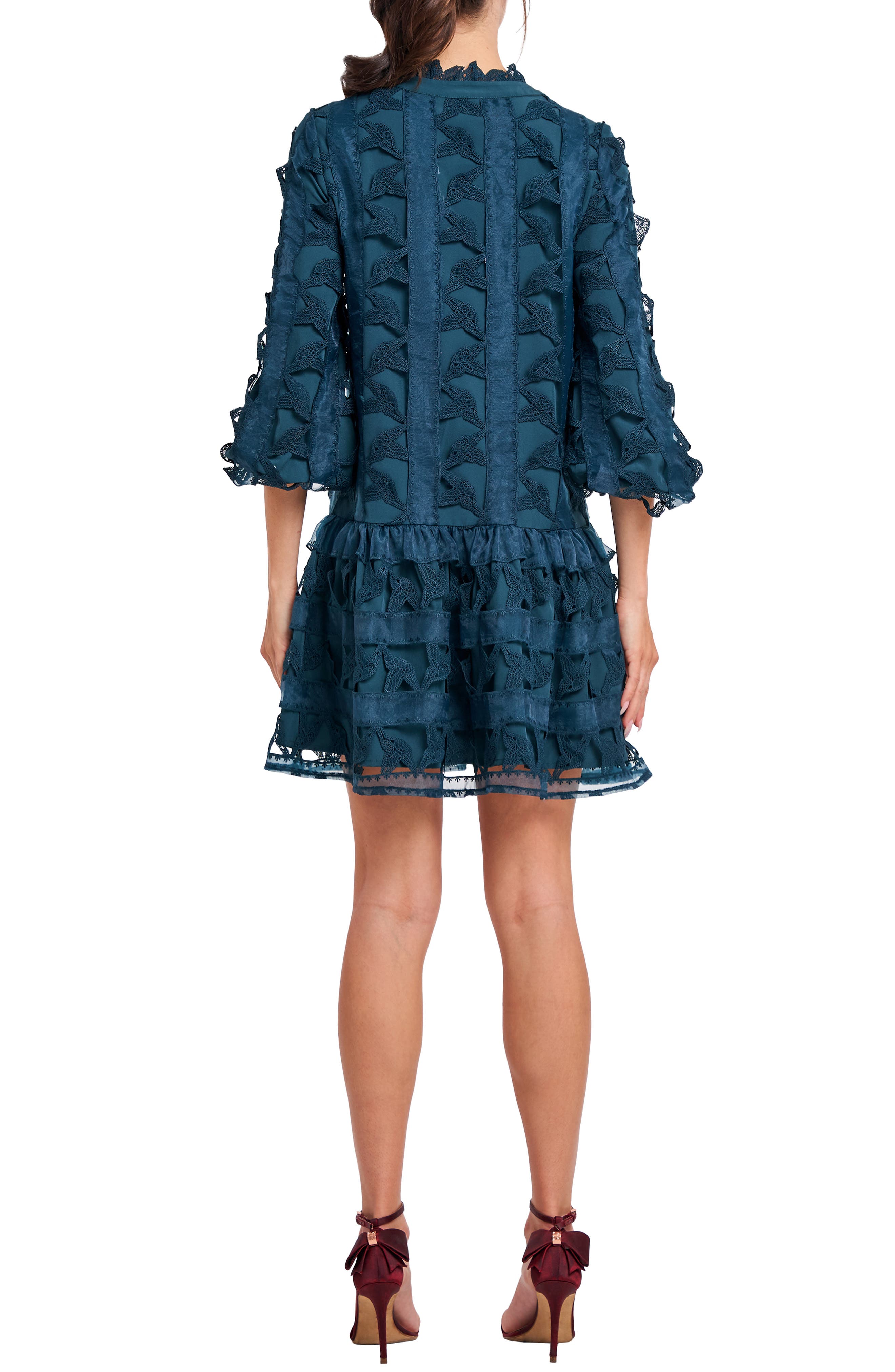 CIEBON Wylla Humbird Lace & Organza Drop Waist Dress in Teal | Smart Closet