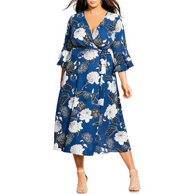 Plus Size City Chic Sapphire Bloom Faux Wrap Dress, Blue
