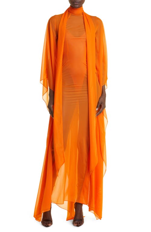 Sweeping Sheer Dolman Sleeve Gown in Florescent Orange