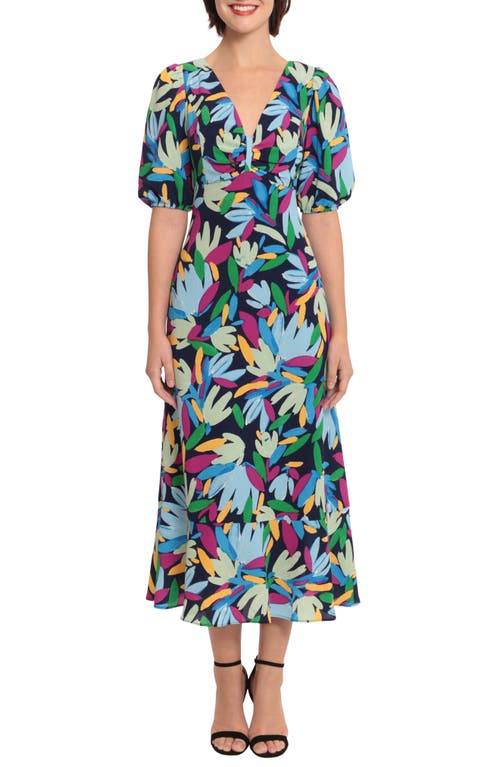 DONNA MORGAN FOR MAGGY Floral Puff Sleeve Maxi Dress in Navy/Light Blue