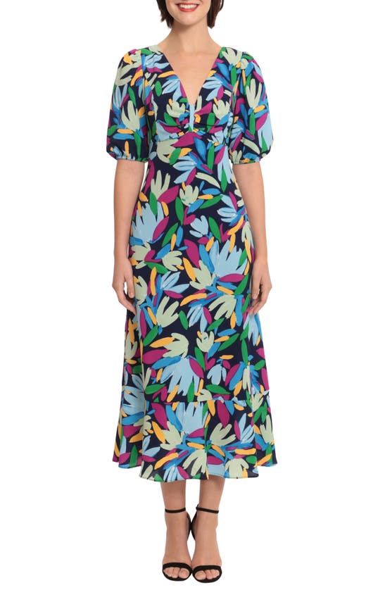 Donna Morgan For Maggy Floral Puff Sleeve Maxi Dress In Navy/ Light Blue