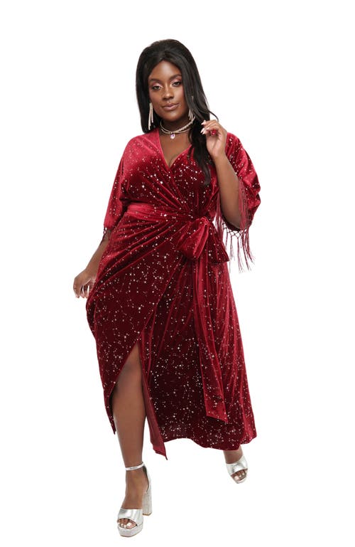 Shop Unique Vintage Plus Size Velvet Tie Wrap Surplice Midi Dress In Burgundy & Silver Star