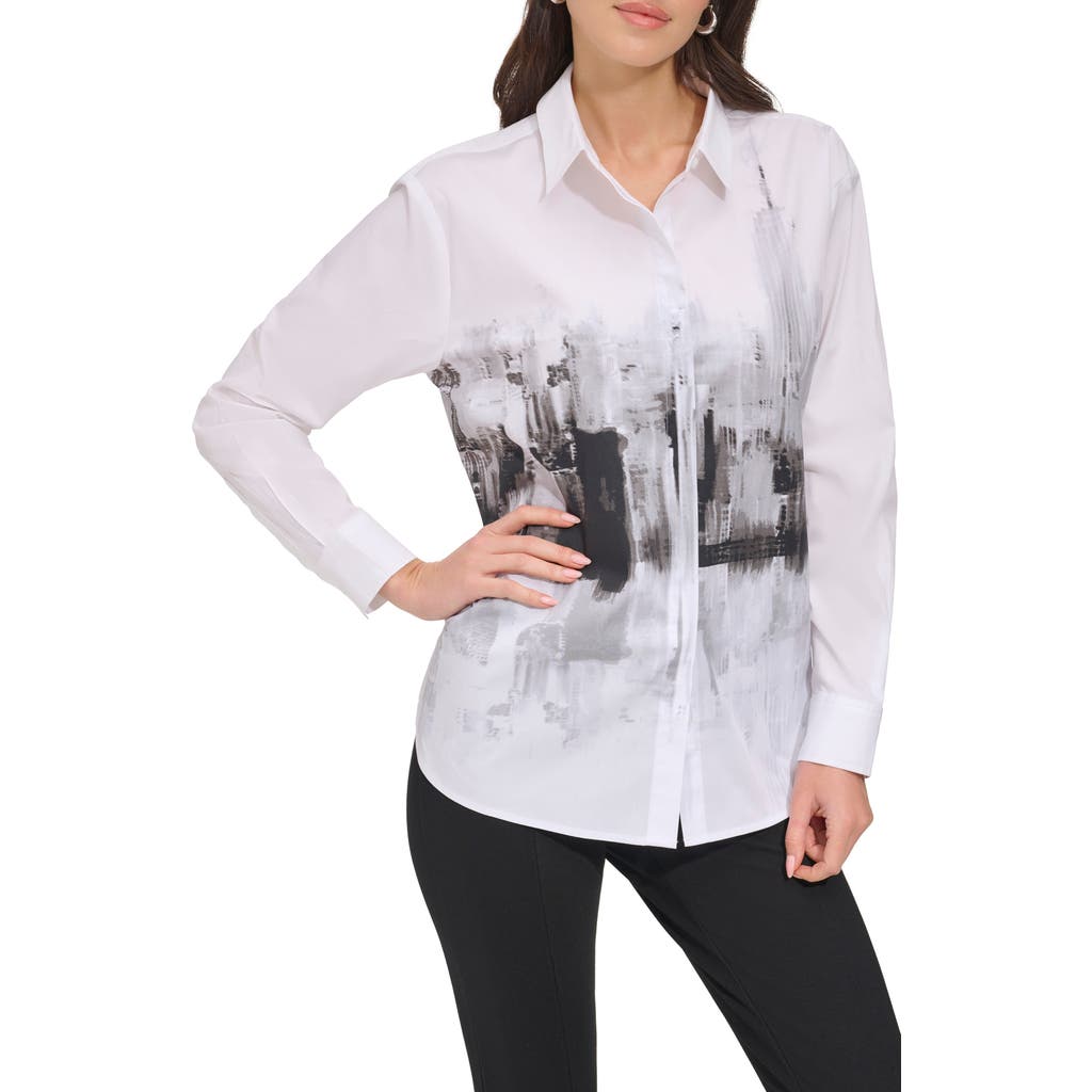 Dkny Cityscape Graphic Stretch Cotton Button-up Shirt In White/black/grey Multi