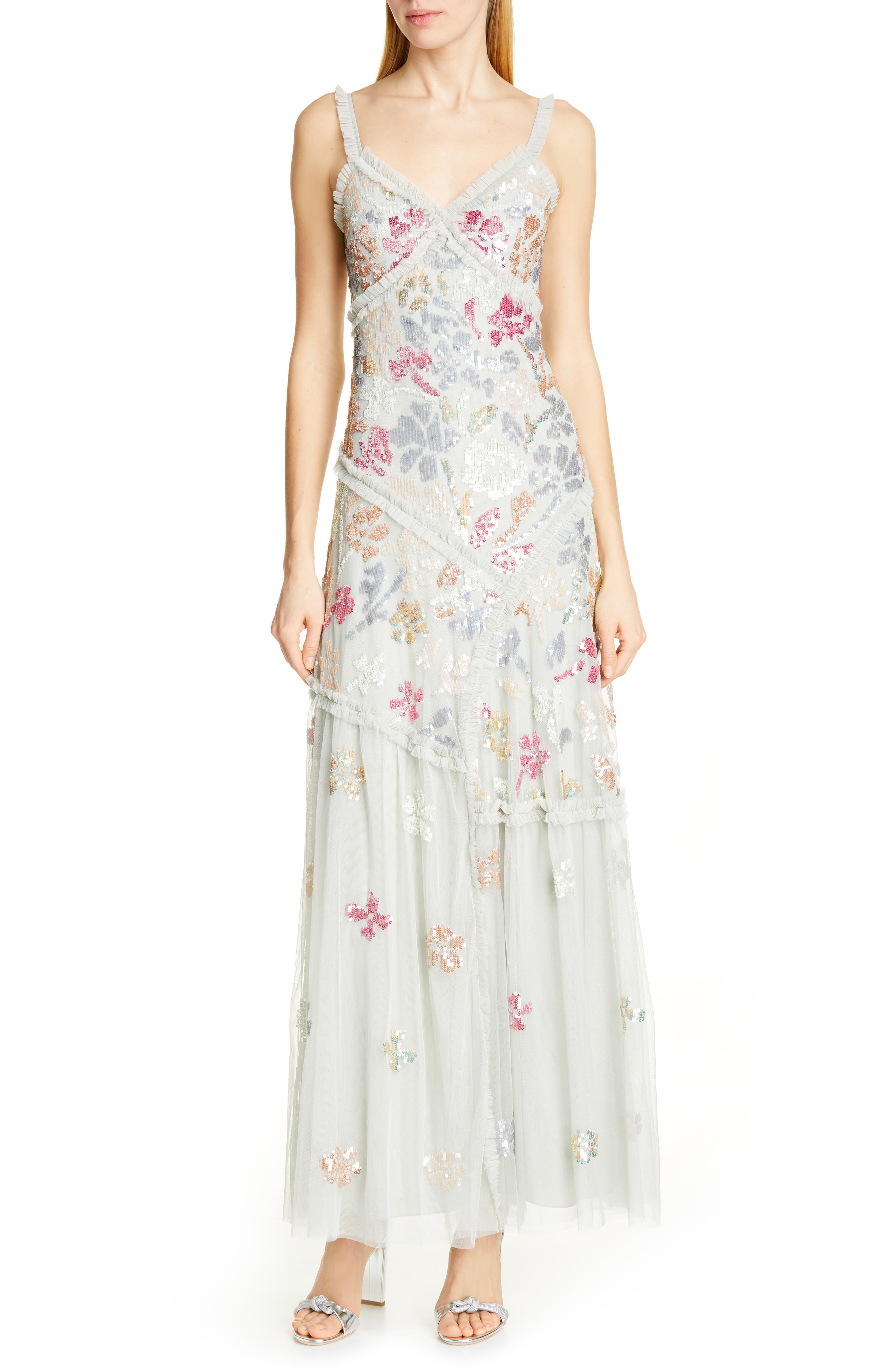 Needle & Thread Deconstructed Sequin Evening Dress, Green