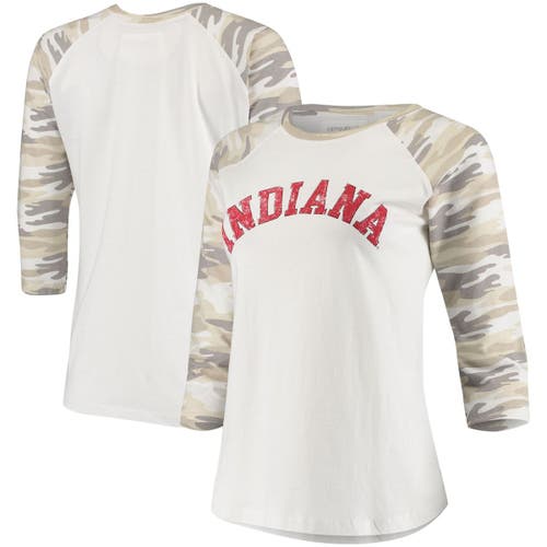 CAMP DAVID Women's White/Camo Indiana Hoosiers Boyfriend Baseball Raglan 3/4 Sleeve T-Shirt