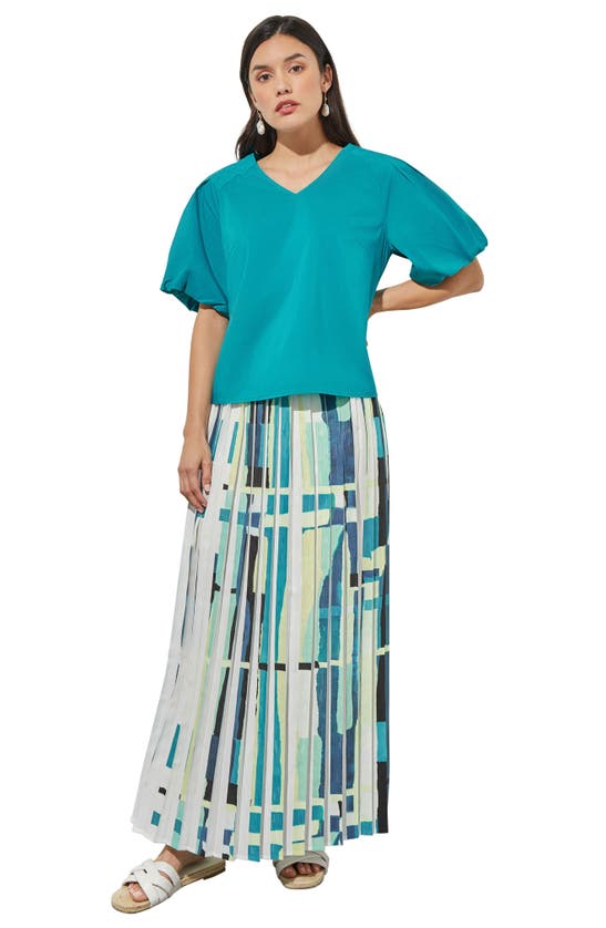 Shop Ming Wang Puff Sleeve Cotton Blend Top In Bermuda