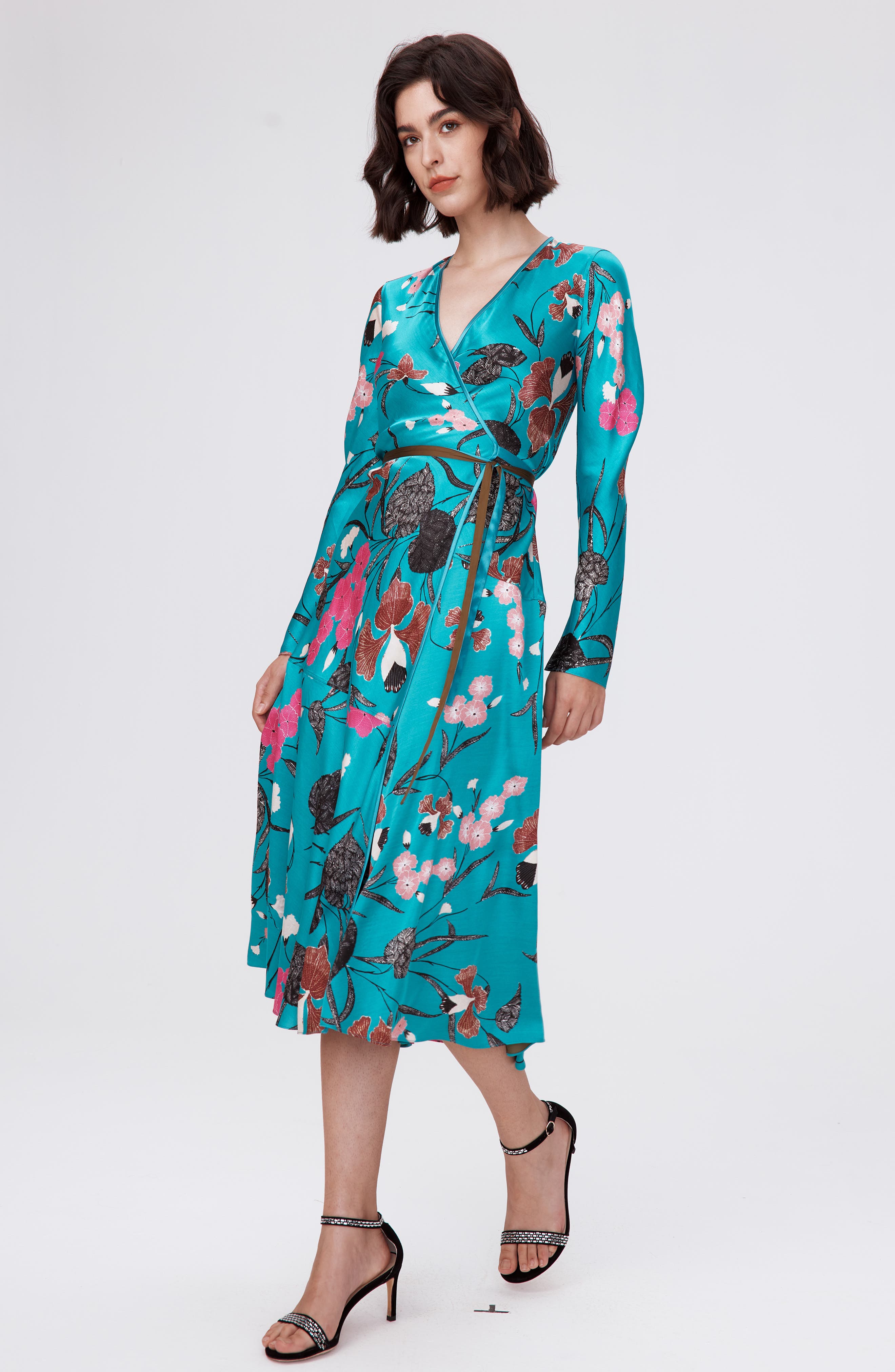 DVF Anika Long Sleeve Reversible Wrap Dress in Festival Floral Teal/Olive |  Smart Closet