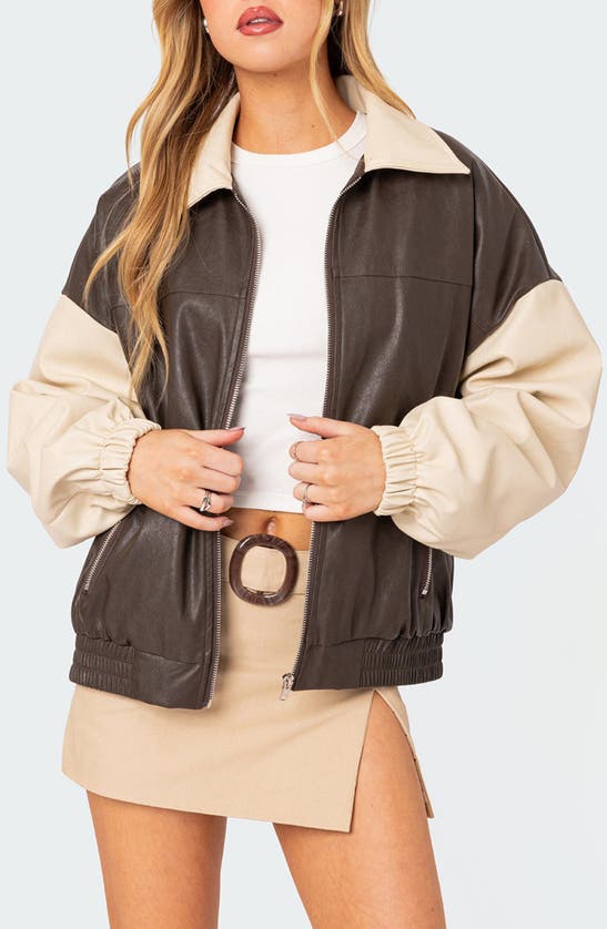 Shop Edikted Oversize Colorblock Faux Leather Bomber Jacket In Brown