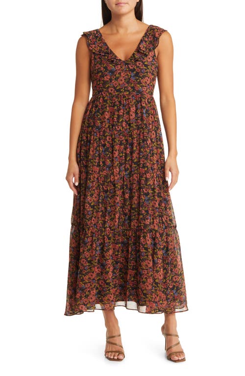 Chelsea28 Ruffle Neck Tiered Maxi Dress in Rust- Black Raya Floral