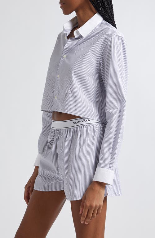 Shop Sporty And Rich Sporty & Rich Src Embroidered Stripe Cotton Crop Button-up Shirt In White/navy Thin Stripe