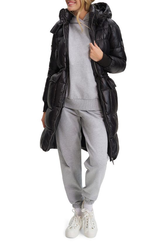 Noize Quilted Long Hooded Puffer Jacket In Black