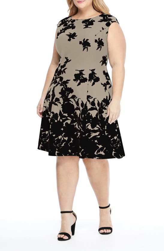 London Times Floral Fit & Flare Dress In Taupe/ Black