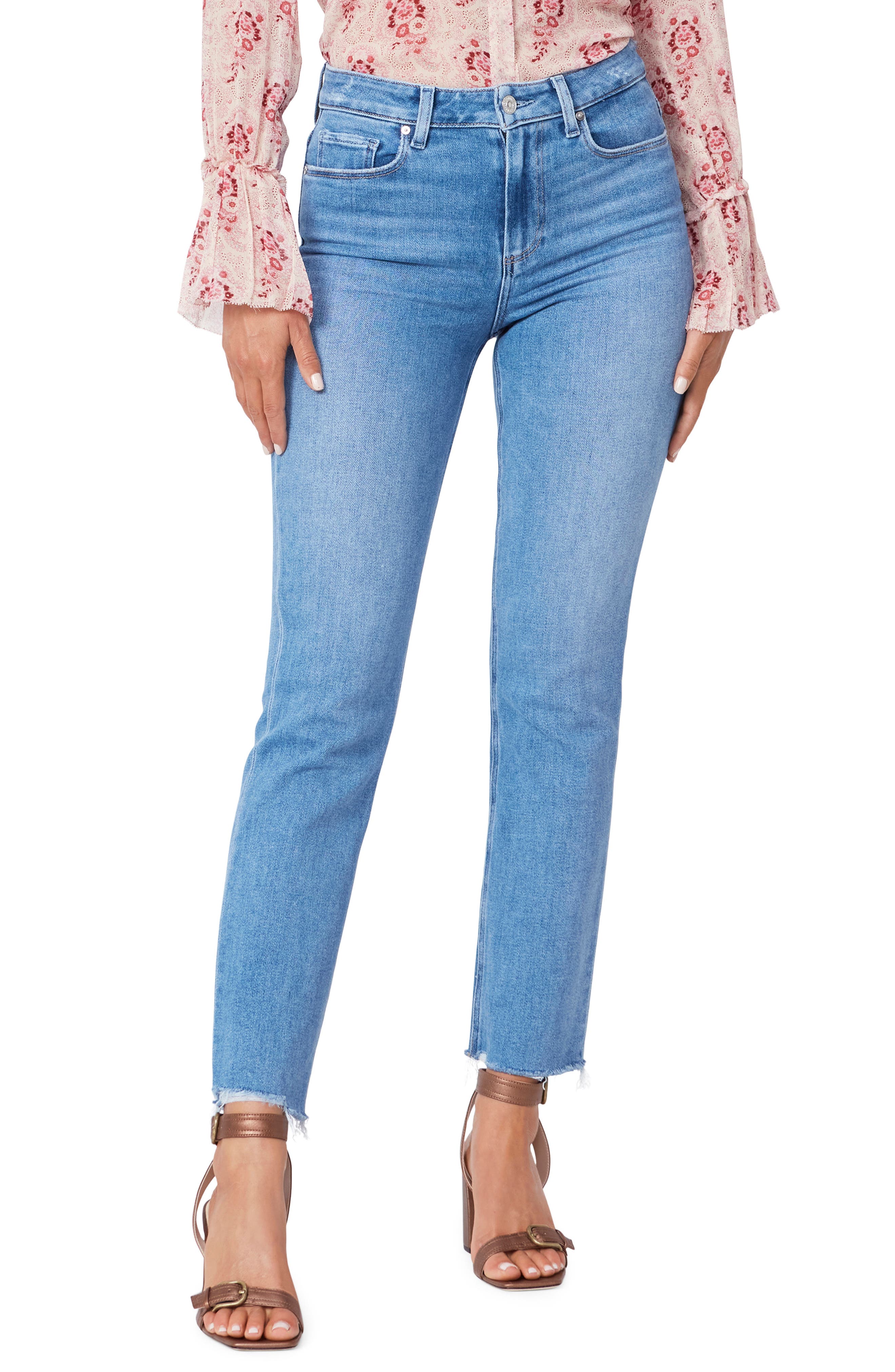 PAIGE Accent High Rise Straight Denim Jeans in Blue Womens Clothing Jeans Straight-leg jeans 