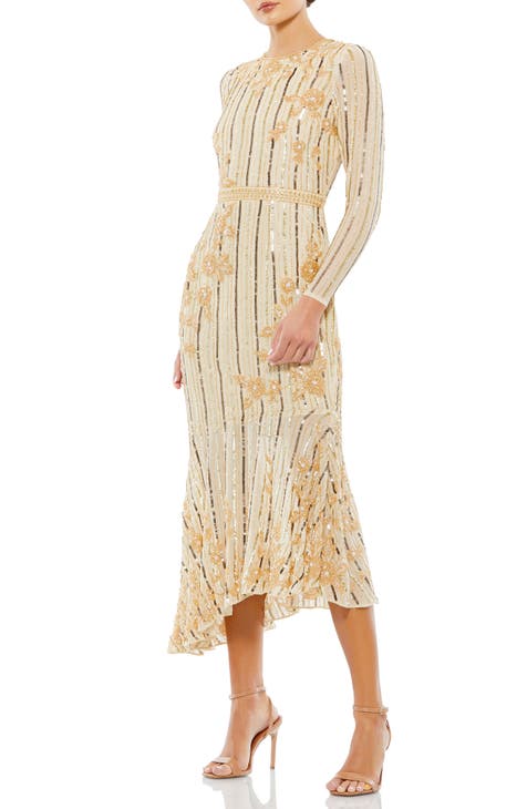 Embellished Long Sleeve Asymmetric Dress