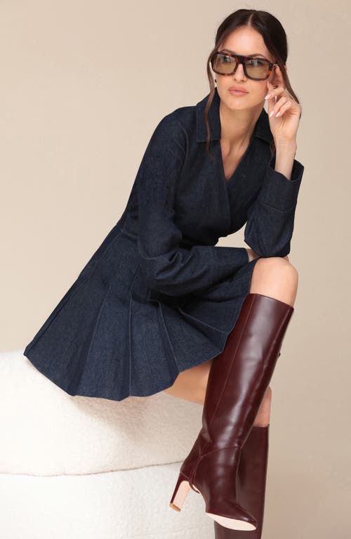 Shop Avec Les Filles Pleated Long Sleeve Denim Minidress In Ink Blue Wash