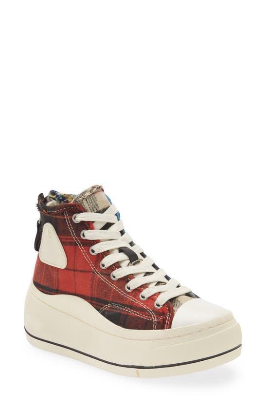 R13 Platform High Top Sneaker In Red/ Blue/ Ecru Plaid