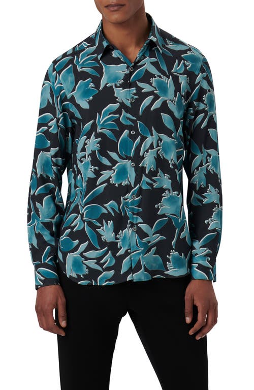 Bugatchi Julian Shaped Fit EcoVero Floral Print Button Up Shirt Peacock at Nordstrom,