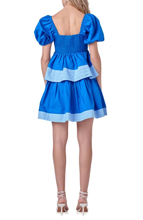 Shop English Factory Puff Sleeve Smocked Tiered Babydoll Dress In Blue Multi
