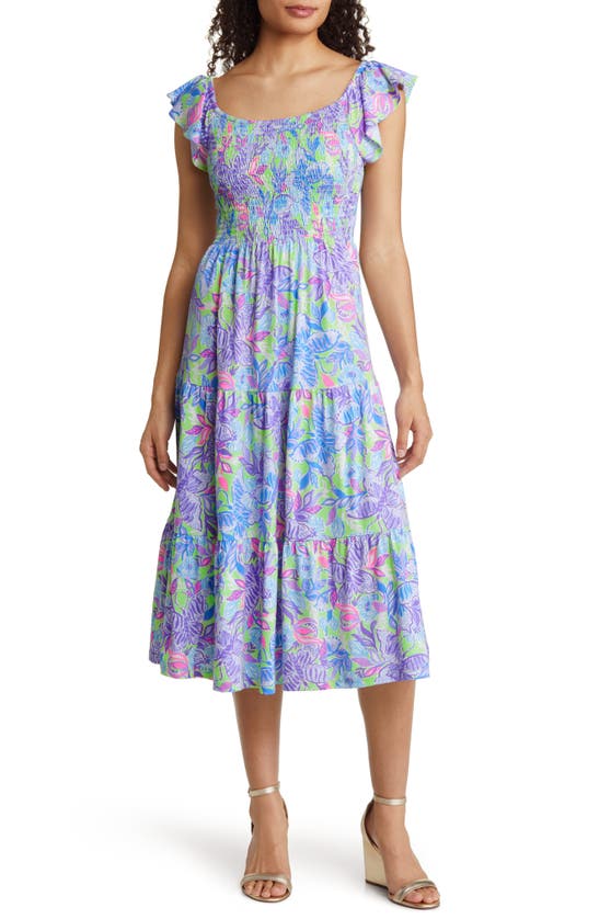 Lilly Pulitzer Jilly Floral Smocked A-line Cotton Dress In Dew Drop Stay Fly