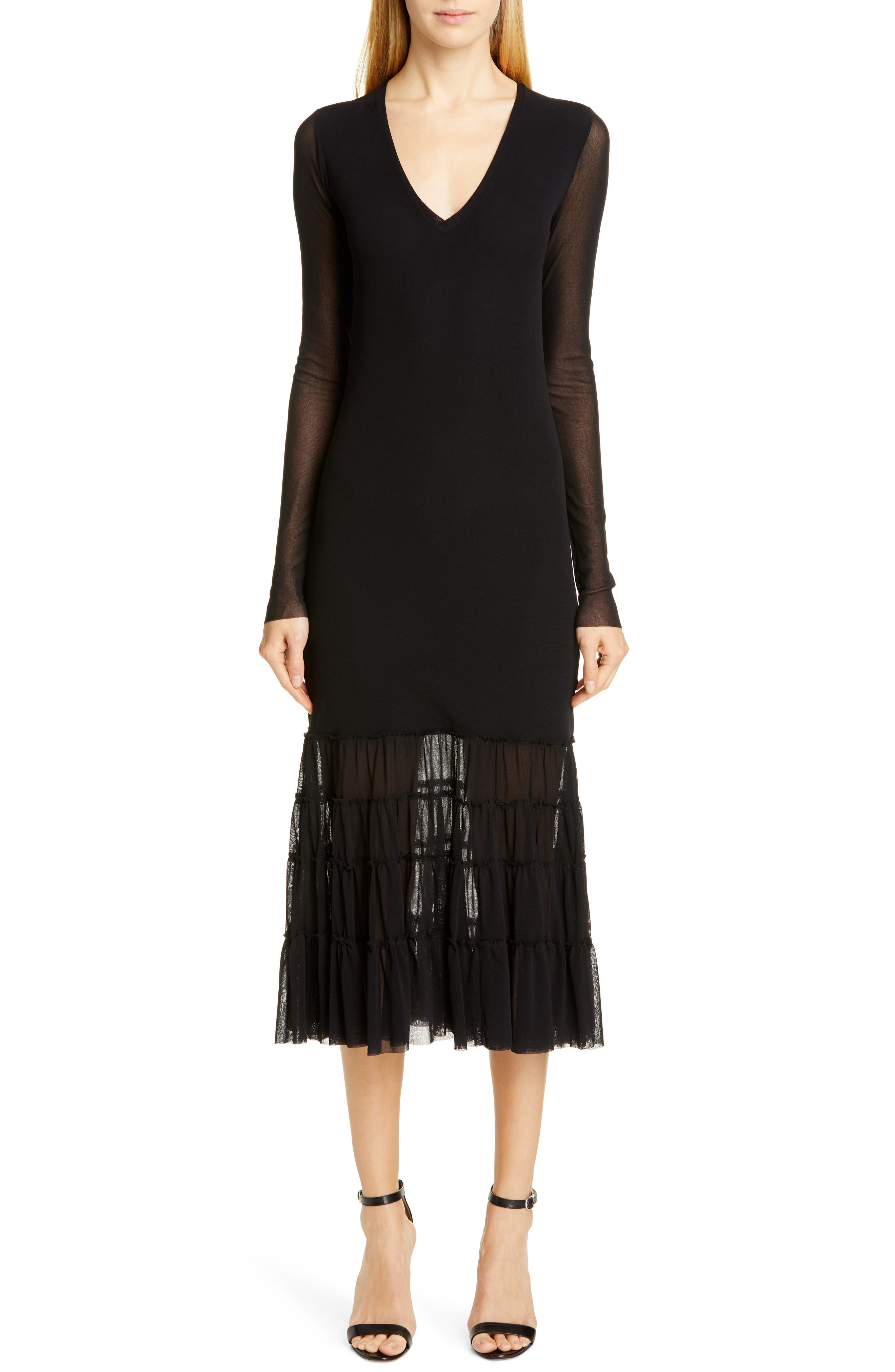Fuzzi Interlocking Long Sleeve Tiered Midi Dress, Black