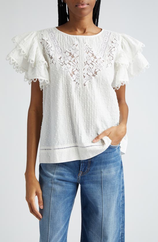 Farm Rio Clip Dot Lace Accent Flutter Sleeve Top In Off-white