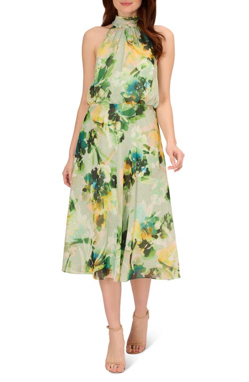 Adrianna Papell Floral High Neck Chiffon Midi Dress Green Multi at Nordstrom,