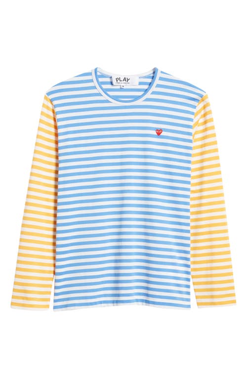 Shop Comme Des Garçons Play Small Heart Stripe Colorblock Long Sleeve T-shirt In Blue/yellow