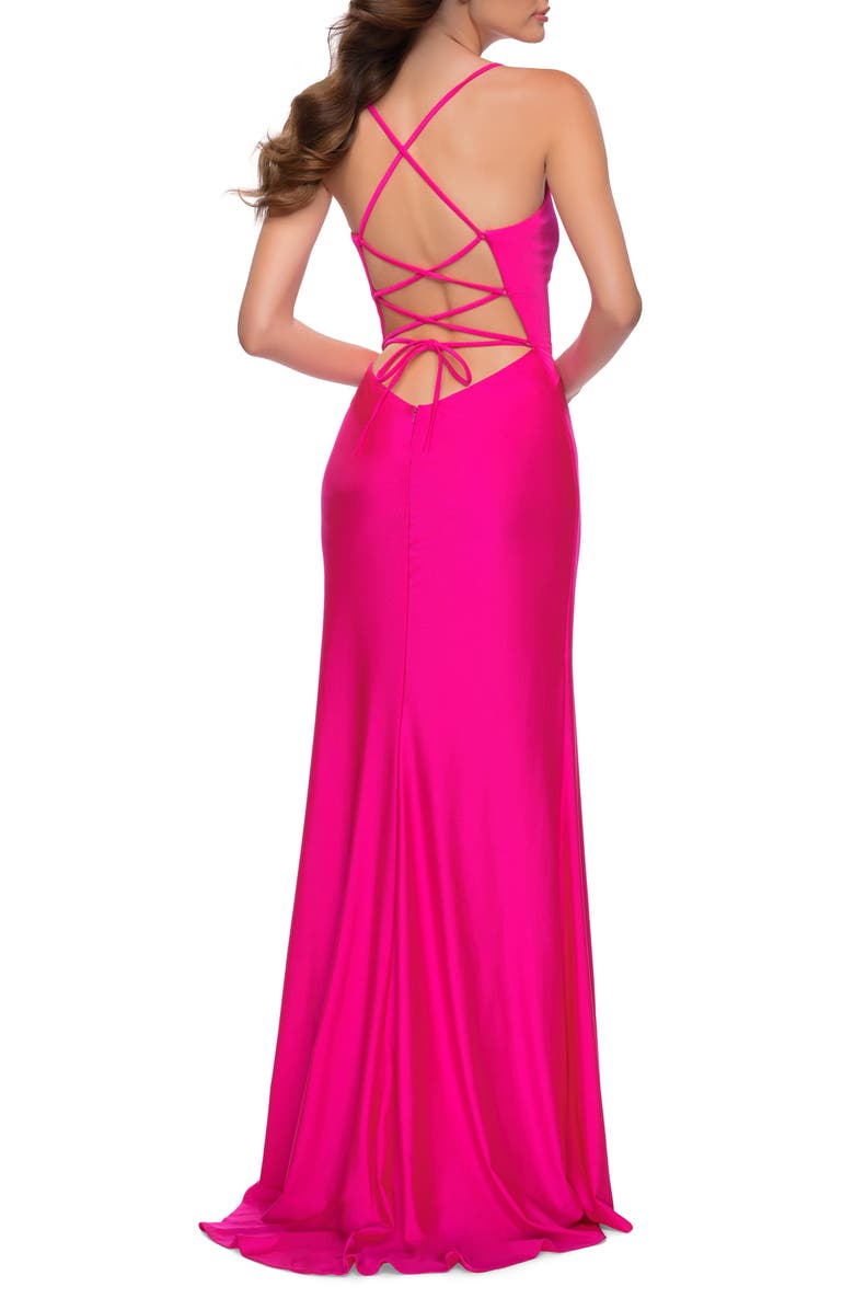 La Femme Strappy Back Jersey Gown, Alternate, color, 