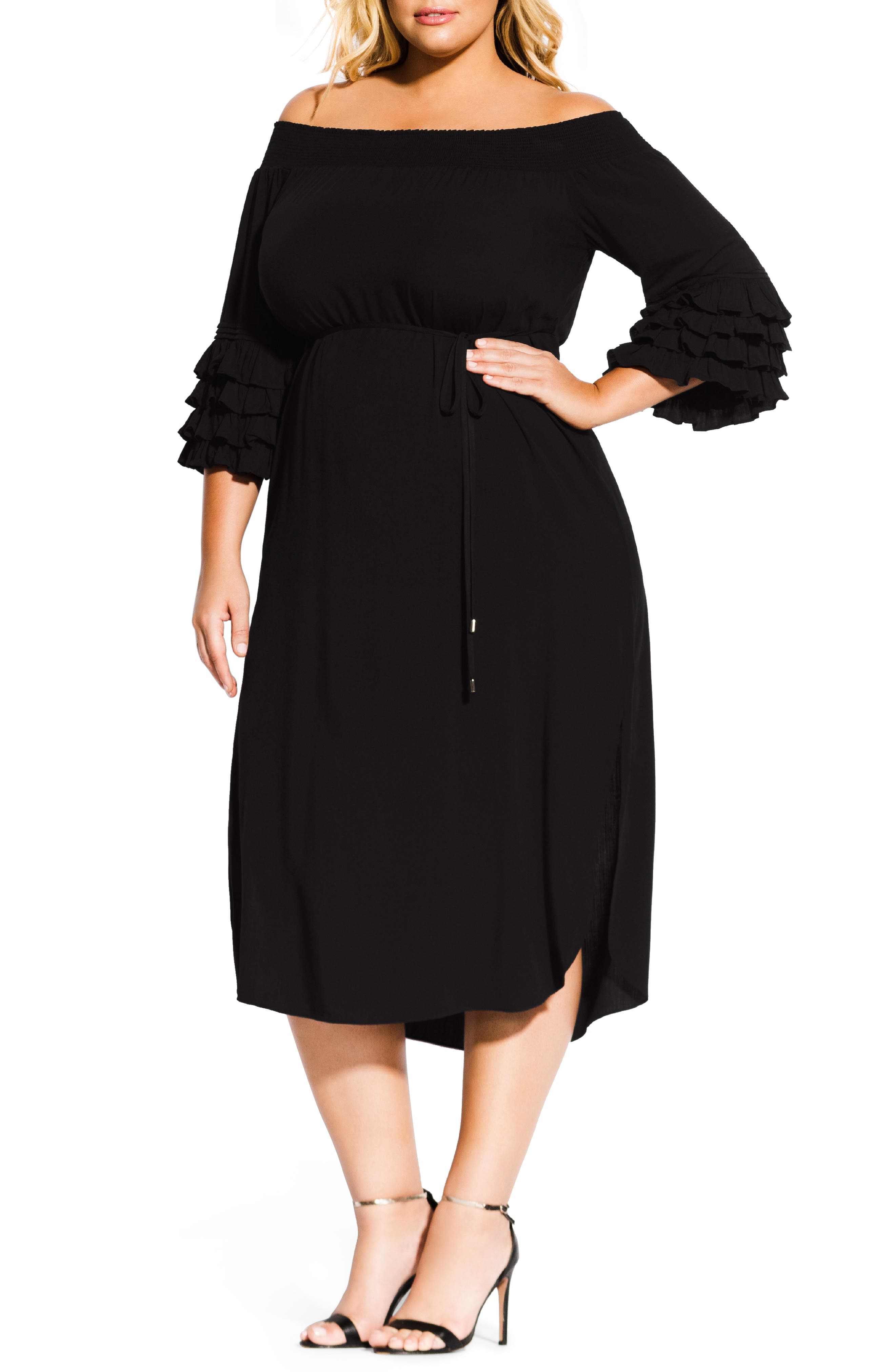 Plus Size City Chic Off The Shoulder Tie Waist Midi Dress, Black