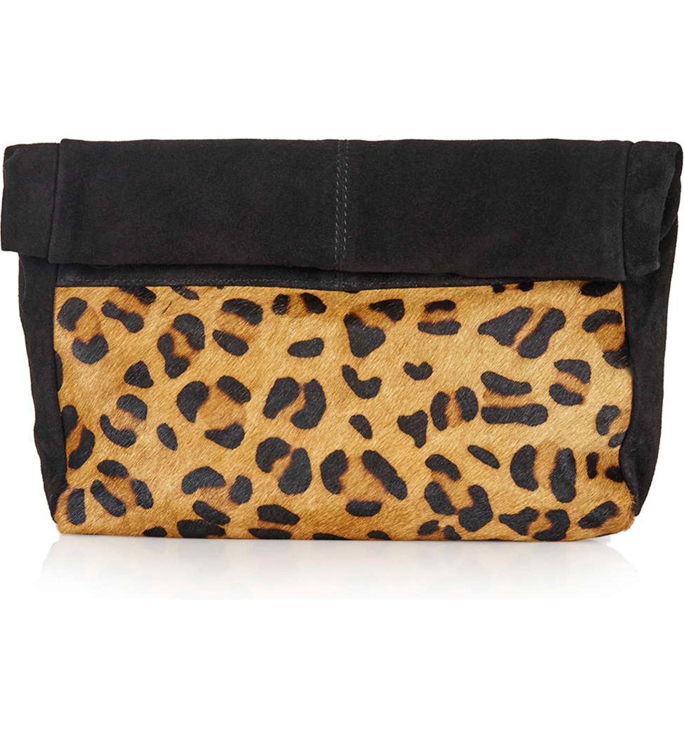 Topshop Leopard Print Suede & Calf Hair Clutch | Nordstrom