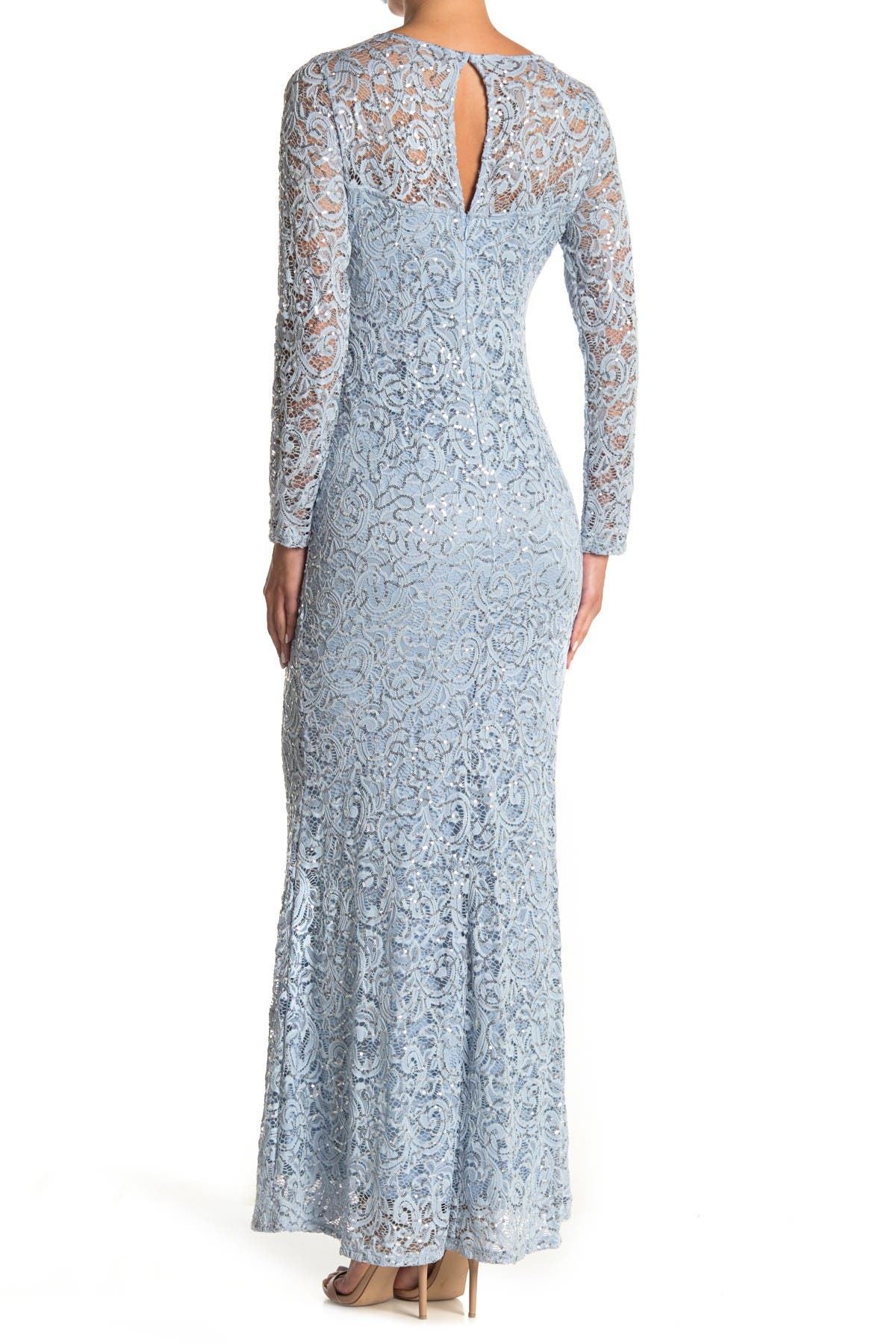 Marina Sequin Lace Long Sleeve Gown In ...