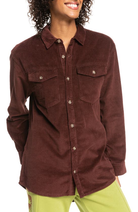 Shop Roxy Let It Go Cotton Corduroy Button-up Shirt In Chocolate