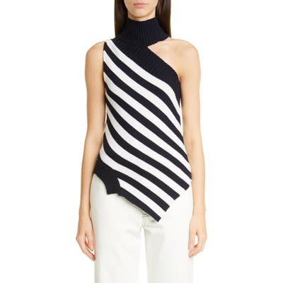 Monse One-Shoulder Asymmetrical Stripe Merino Wool Sweater, White