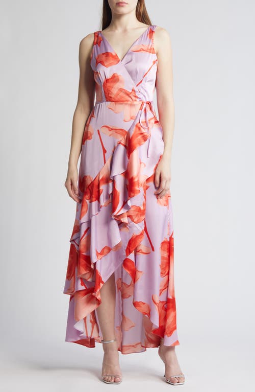 Layered Ruffle High-Low Wrap Dress in Lavender/Orange Xray Floral