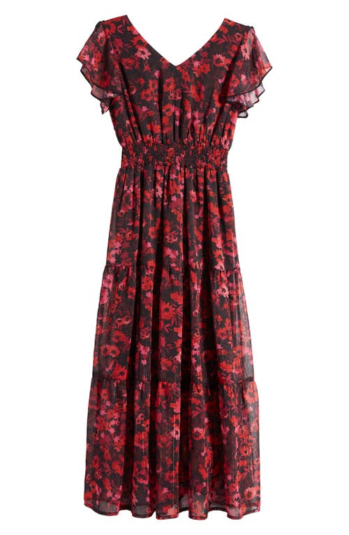 Love, Nickie Lew Kids' Metallic Stripe Floral Smocked Waist Party Dress In Black/red