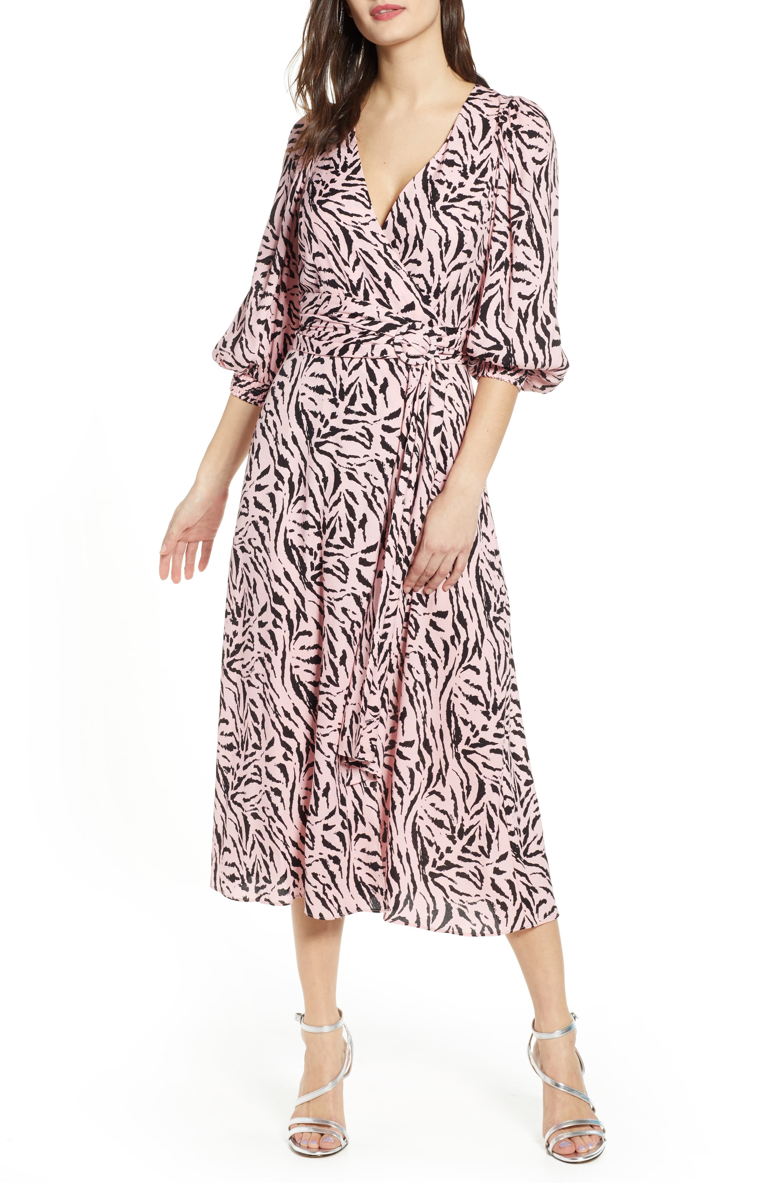 Afrm Print Wrap Midi Dress, Pink