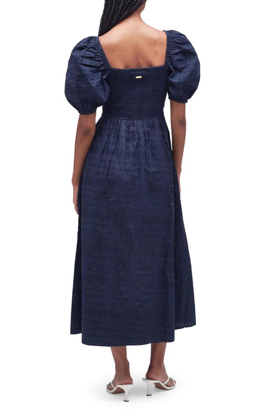 Shop Barbour Macy Shirred Check Puff Sleeve Cotton Midi Dress In Navy