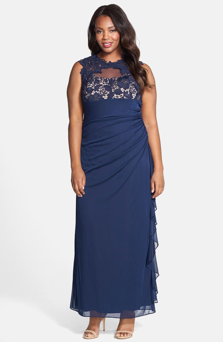 Betsy & Adam Lace & Chiffon Side Ruffle Gown (Plus Size) | Nordstrom