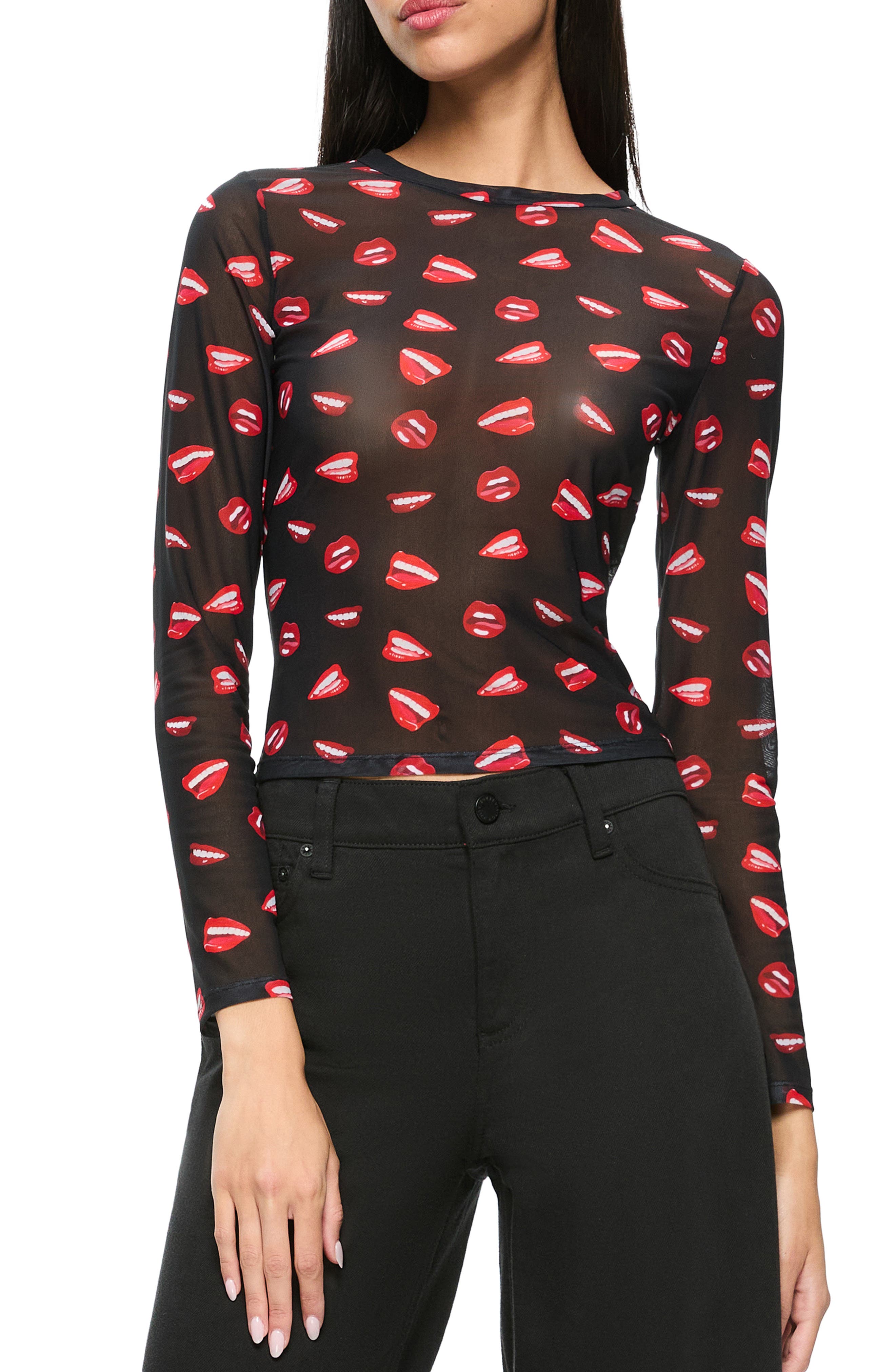 Alice And Olivia Delaina Long Sleeve Mesh Cropped Top Lip Sync Black
