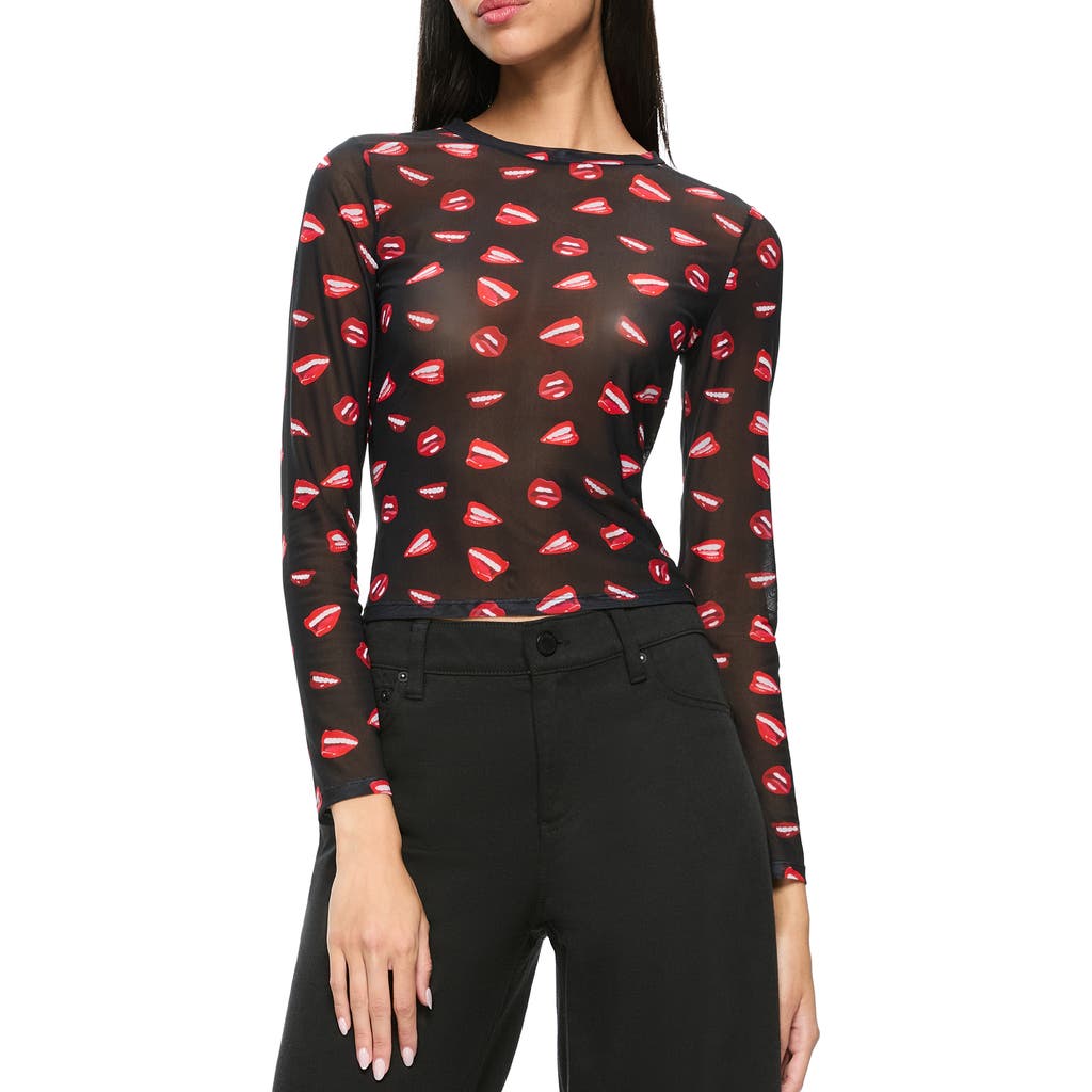 Alice And Olivia Delaina Long Sleeve Mesh Cropped Top Lip Sync Black