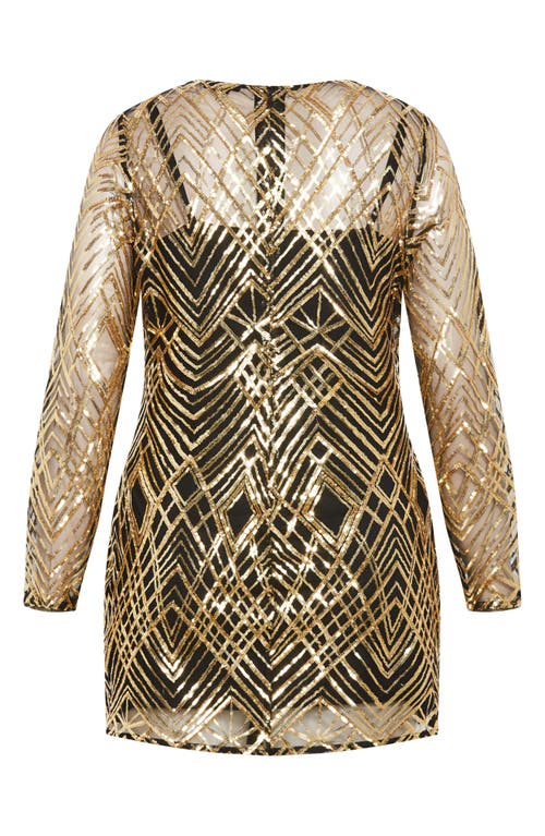 Shop City Chic Braylin Long Sleeve Sequin Minidress In Gold Geo