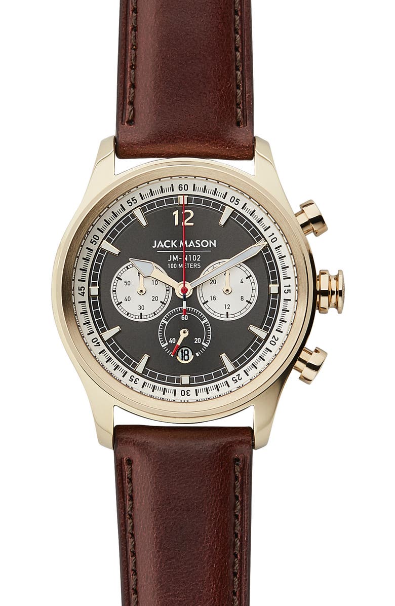 JACK MASON Nautical Chronograph Leather Strap Watch, 42mm, Main, color, GREY/ BROWN