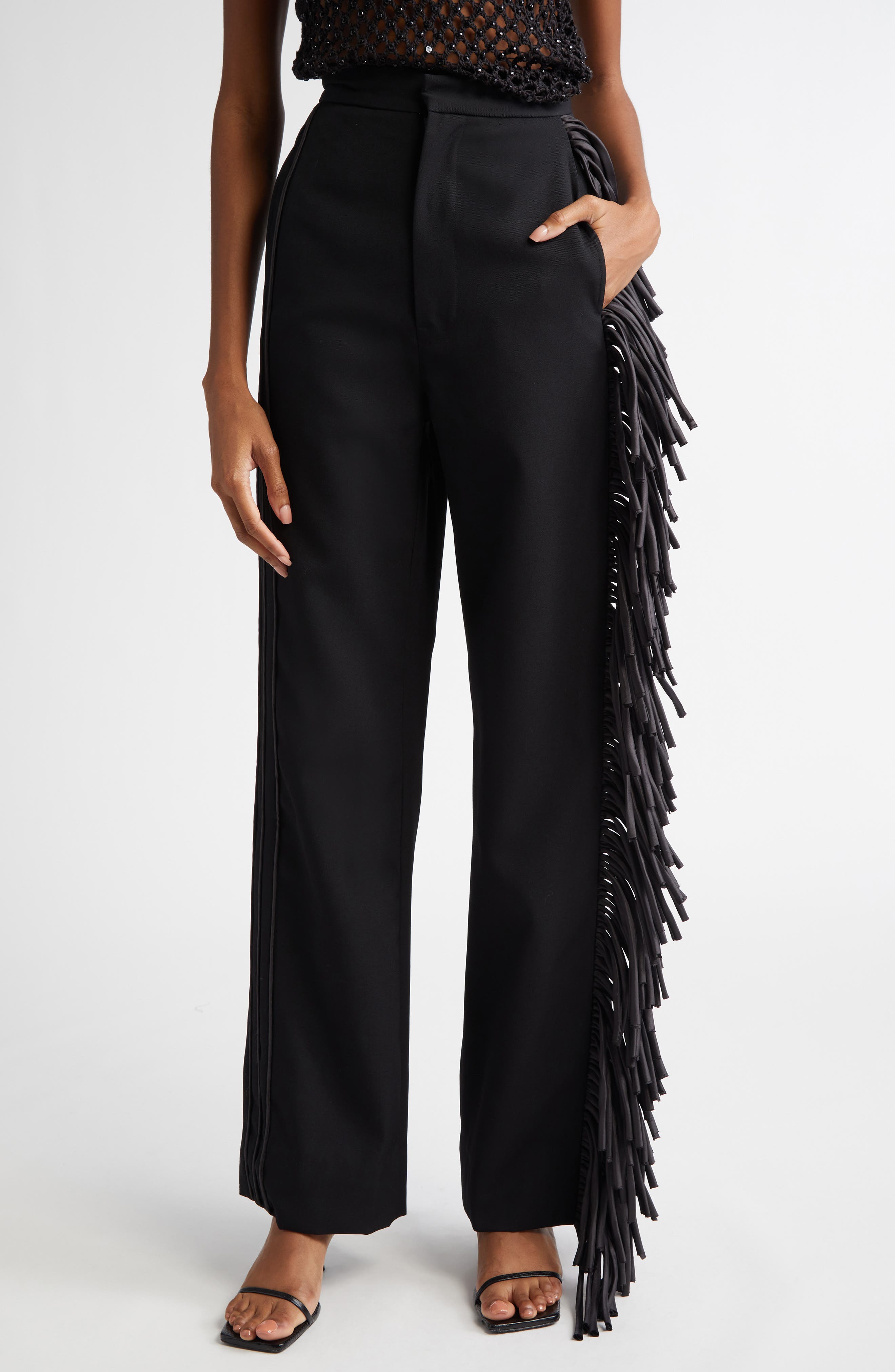 Diotima Langley Fringe Detail Wool Pants in Black 