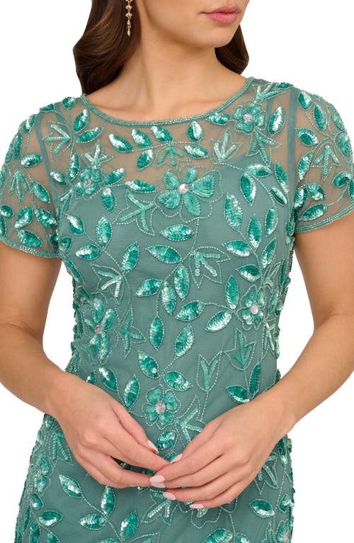 Shop Adrianna Papell Floral Embroidered Beaded Trumpet Gown In Green Slate