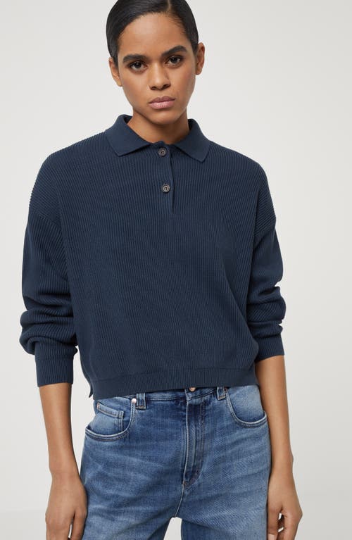 Shop Brunello Cucinelli Cotton English Rib Polo-style Sweater With Monili In Night