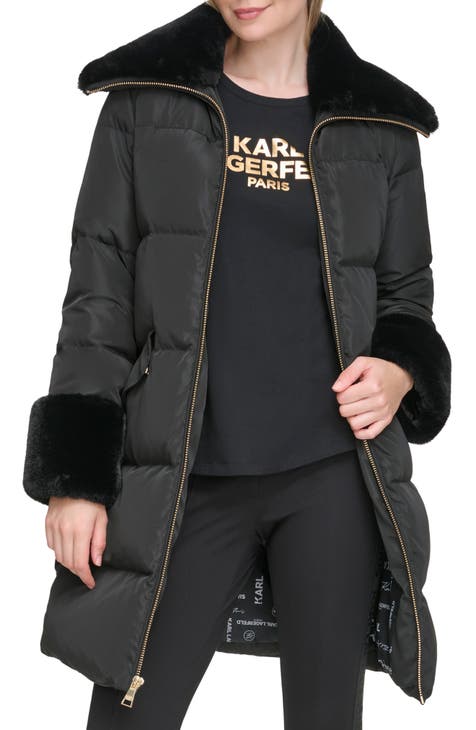 Karl Lagerfeld Paris Down & Feather Puffer Coat with Faux Fur Trim 