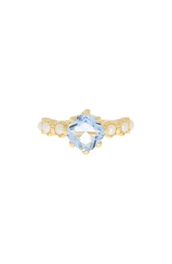 Shop Covet Cushion Cut Crystal & Imitation Pearl Ring In Gold/blue