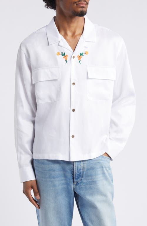 Global Auto Embroidered Floral Long Sleeve Camp Shirt in White