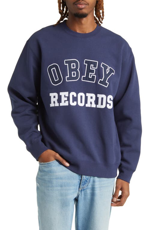 Obey Records Logo Crewneck Sweatshirt in Academy Navy at Nordstrom, Size Medium