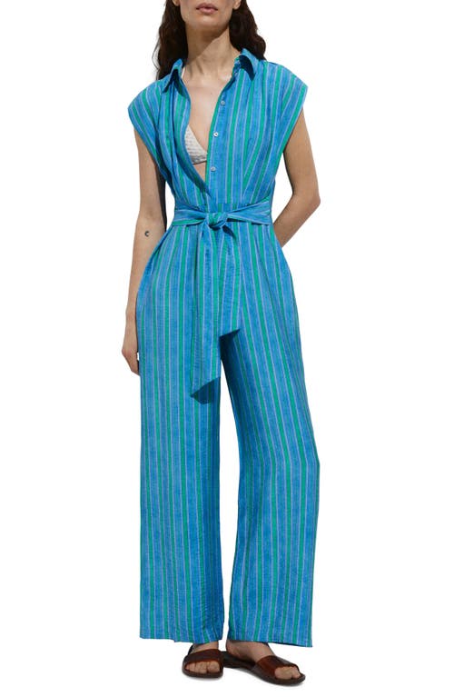 Shop Mango Moraima Belted Stripe Jumpsuit In Blue